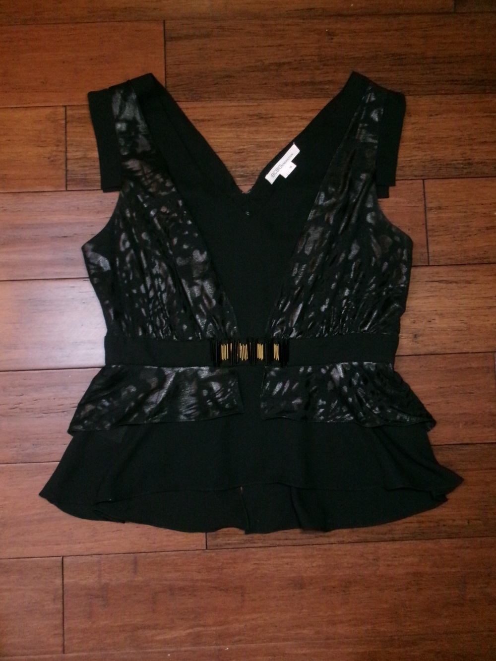 NWOT— BCBGeneration Metallic Animal Print Peplum Top with gold bar accents sz 12